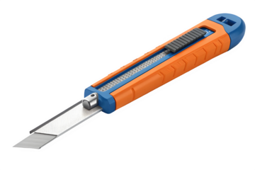 Orange and blue utility knife with extended blade isolated on transparent background
