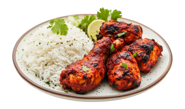 PNG One dish of indian tandoori chicken with Basmati rice plate white food.