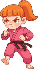 Angry Cartoon Kids Practicing Martial Arts Vector: Boy Punching and Girl Kicking with Black Belts in Blue and Pink Gi Uniforms for Dynamic Action Sport Illustration