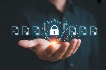Businessman holding digital shield with glowing lock icon and document symbols representing cybersecurity data protection privacy and secure information management for modern business technology. icon