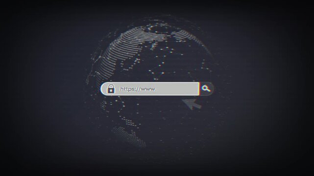 Concept of a global internet search with a browser address bar for a www domain, using http to connect to a .com website on a digital Earth
