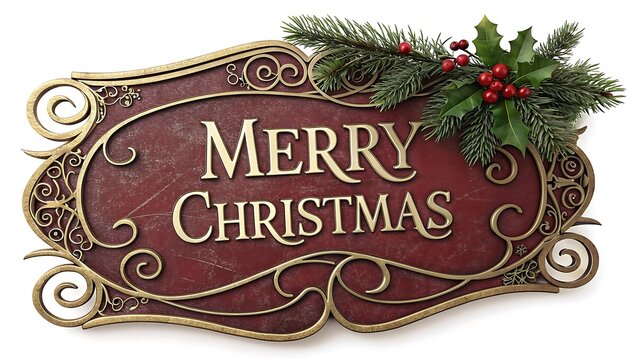 Elegant merry christmas sign with ornate decorative border and festive pine boughs with red berries - Powered by Adobe