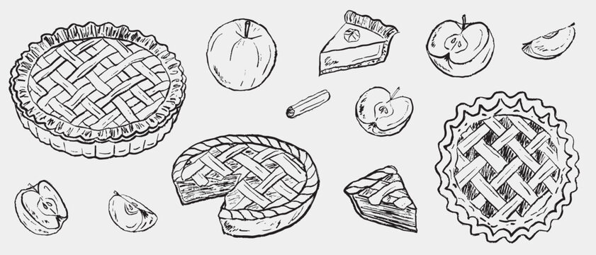 Hand drawn apple pies, pie slices, apples, and cinnamon stick. Bakery concept, tasty apple pie. Vector sketch illustration in vintage crayon charcoal style