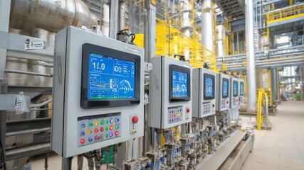 Industrial control panels displaying data in a modern chemical plant - Powered by Adobe
