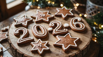 Assortment of freshly baked gingerbread cookies decorated with white icing for the new year