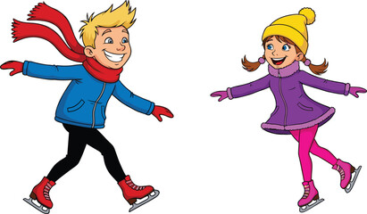 Happy Cartoon Kids Ice Skating Vector Set: Boy and Girl Characters Wearing Winter Clothes, Scarves, Hats, and Skates in Dynamic Winter Sport Illustration