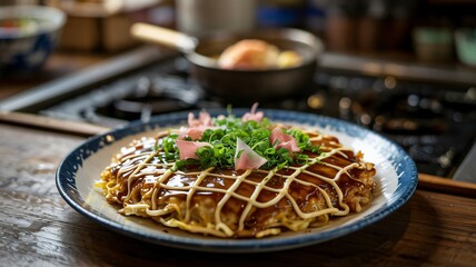 Perfectly cooked Japanese okonomiyaki pancake topped with sauce and green onions