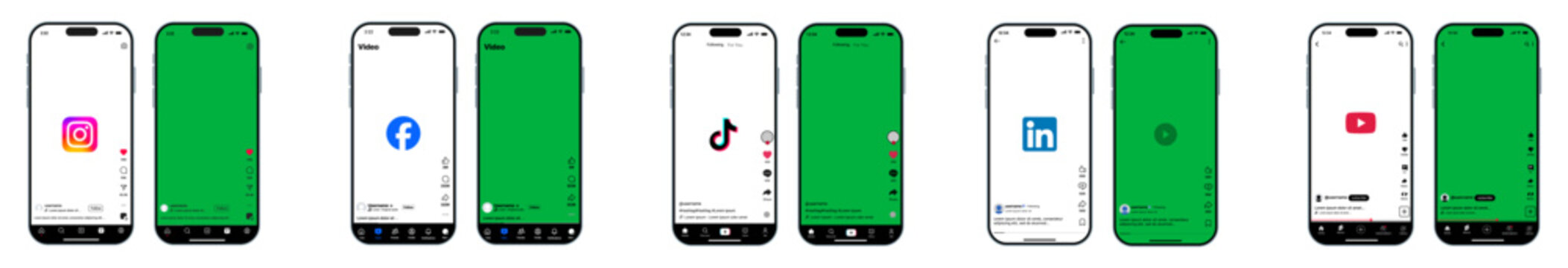 Instagram Facebook TikTok LinkedIn YouTube short video reels feed layout with icons actions profile comments share save vector illustration