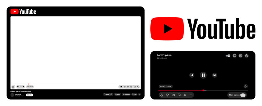 Youtube video player UI mockup in dark mode on desktop and iPhone with volume like dislike share save download logo mute controls vector illustration