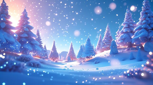 Fantasy winter wonderland landscape with snow-covered pine trees and glowing purple bushes