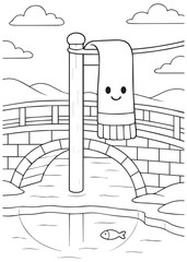 coloring book winter scarf on village bridge post