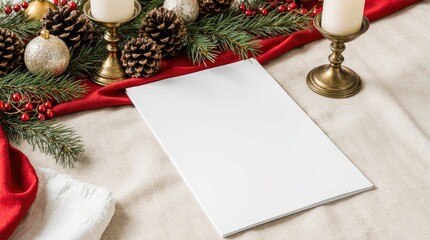 A blank sheet of paper is placed on a red table runner surrounded by pine branches, pine cones, ornaments, and candles.