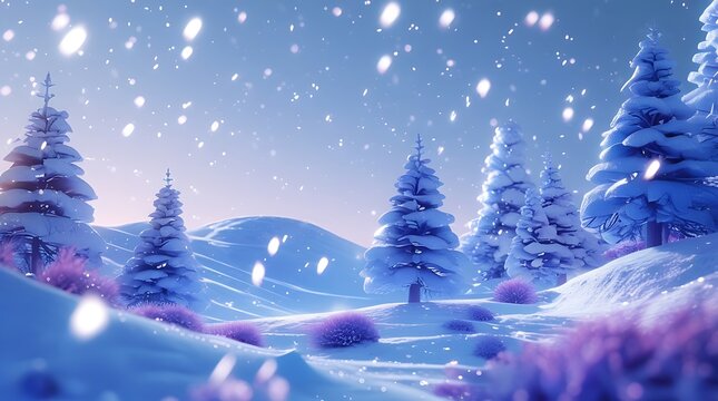 Fantasy winter wonderland landscape with snow-covered pine trees and glowing purple bushes