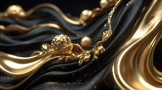 Luxury 3D render of a golden metallic flower or lotus on a flowing black silk background