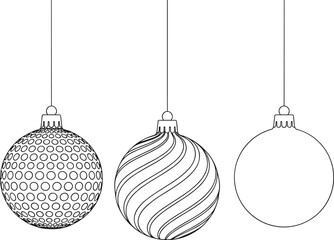Black and White Christmas Ball Ornaments Set: Simple Line Art Hanging Decorations with Polka Dot, Swirl Stripe, and Plain Designs for Coloring Book Vector