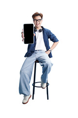 Tech Savvy Smiling: A young man, filled with youthful vigor, smiles invitingly, showcasing the...