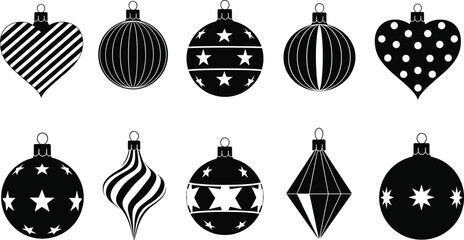 Black and White Christmas Ornament Icons Set: Collection of Decorative Holiday Balls, Hearts, and Unique Shapes for Seasonal Design and Vector Graphic Illustration