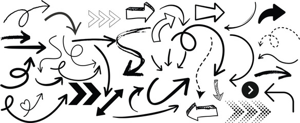 Hand-drawn arrow collection various styles and directions vector illustration for graphic design and web elements