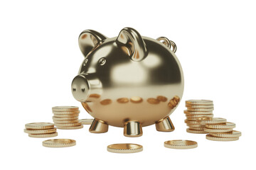 Golden piggy bank surrounded by shining coin stacks, symbolizing savings and financial growth, perfect for illustrating investment opportunities and secure future planning, wealth building