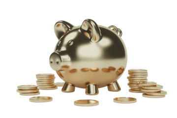 Golden piggy bank surrounded by shining coin stacks, symbolizing savings and financial growth, perfect for illustrating investment opportunities and secure future planning, wealth building