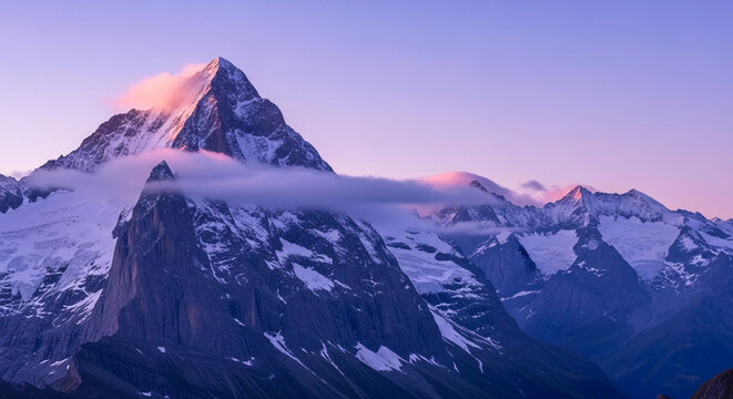 Scenic mountain range covered with snow, clouds. The light is pink and violet, suggesting a sunrise or sunset, conveying nature's majesty, peace