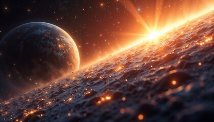Cosmic sunset over planet surface in a starry space