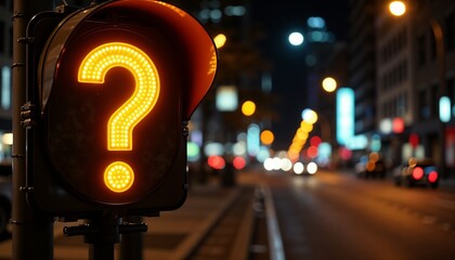 Traffic signal displaying question mark at night