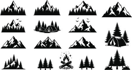 Mountain and forest silhouette collection featuring camping tents, campfire, pine trees, outdoor adventure vector design elements for nature themed artwork