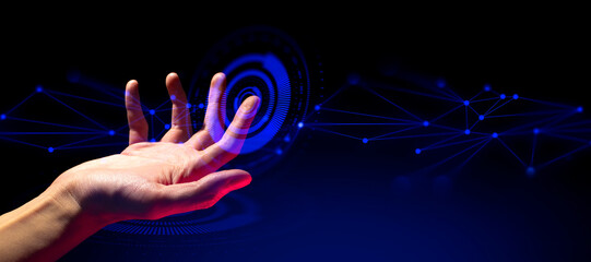 businessman hand use hologram of data to control technology system artificial intelligence, sucess of innovation