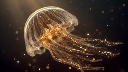 Glowing jellyfish floating in dark ocean water