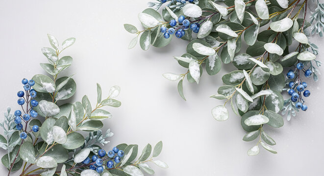 Eucalyptus branch with blue berries on light background creating floral corner frame. Represents freshness, nature, invitation or greeting concept.