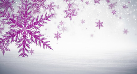 Falling purple snowflake on snow, creating a wintry scene. It is representative of winter, holiday season and festive celebration. Free space