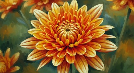 A closeup of a vibrant orange chrysanthemum, painted with intricate detail and a focus on the flowers texture. chrysanthemum painterly effect