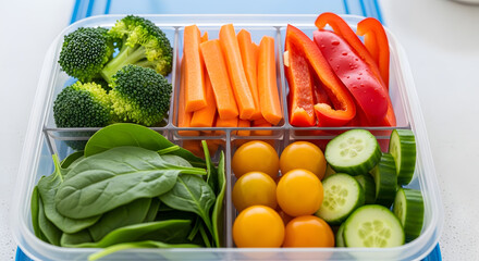 Fresh Vegetable and Fruit Snack Container with Assorted Chopped Vegetables.