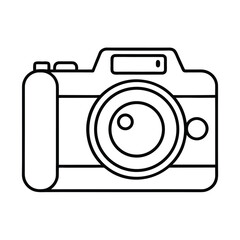 The digital camera icon is a vector illustration of a photographic equipment symbol featuring a lens, flash, and shutter button for technology and photography