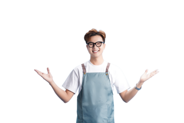 Optimistic Barista: A friendly barista, adorned in an apron and glasses, exudes warmth and welcomes with open arms, ready to craft the perfect drink.