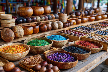 Colorful beads and wooden bowls at a market stall