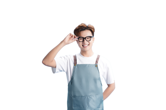 Cheerful Chef: A young chef, full of smiles and energy, adjusts his glasses, ready to infuse culinary artistry into every dish. Capturing his cheerful spirit and readiness to create amazing food 