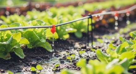 Closeup of a drip irrigation system in a lettuce field, showcasing sustainable agriculture and water conservation techniques for efficient crop production and environmental responsibility