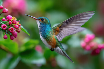 Obraz premium Hummingbird hovers near pink flowers in lush garden