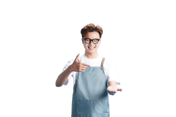 Smiling Chef Presenting: A cheerful chef, wearing an apron and glasses, smiles warmly as he gestures with one hand while holding out the other, inviting engagement. 
