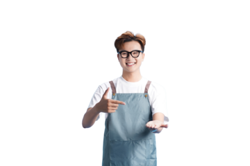 Cheerful Young Man: A young, bespectacled man in an apron, points toward an empty hand, suggesting an invitation to partake in a culinary experience.