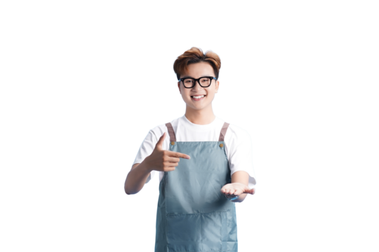 Cheerful Young Man: A young, bespectacled man in an apron, points toward an empty hand, suggesting an invitation to partake in a culinary experience.