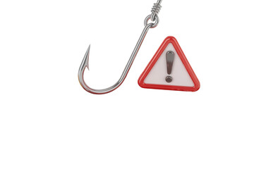 Avoid phishing scams with caution, a warning sign on a hook symbolizes online threat awareness, protect your data from cybercrime, stay vigilant against fraud, and secure your digital identity