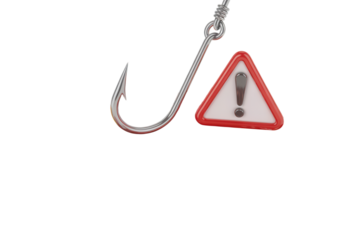 Avoid phishing scams with caution, a warning sign on a hook symbolizes online threat awareness, protect your data from cybercrime, stay vigilant against fraud, and secure your digital identity