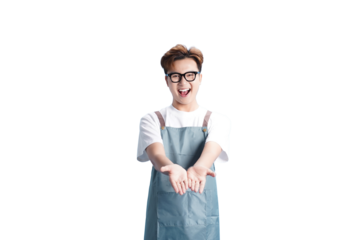 Enthusiastic Presentation: A friendly individual, donning glasses and an apron, extends an inviting gesture with open hands, conveying a welcoming and approachable demeanor.