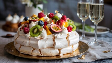 Perfectly formed pavlova meringue topped with fresh fruit and edible gold leaf