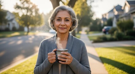 Senior woman enjoying morning coffee in residential area, she is drinking warm beverage outside her home. Morning coffee is her peaceful routine. Consider morning coffee for lifestyle concepts.