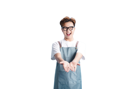 Enthusiastic Presentation: A friendly individual, donning glasses and an apron, extends an inviting gesture with open hands, conveying a welcoming and approachable demeanor.