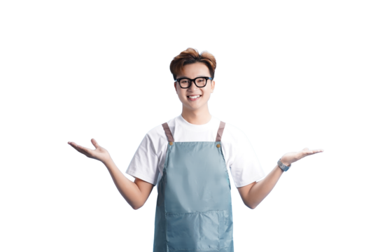 Open Arms: A young individual, radiating warmth and hospitality, welcomes with open arms. He presents a inviting gesture, showcasing a friendly smile, perfect for concepts such as service and support.